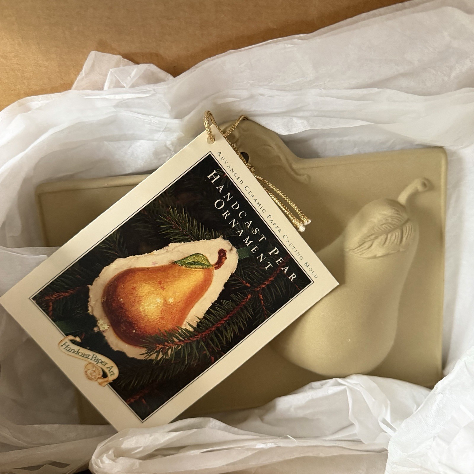 Rare Vintage Pear Paper Art Mold Brown Bag Cookie Mold Casting Ornament Holiday