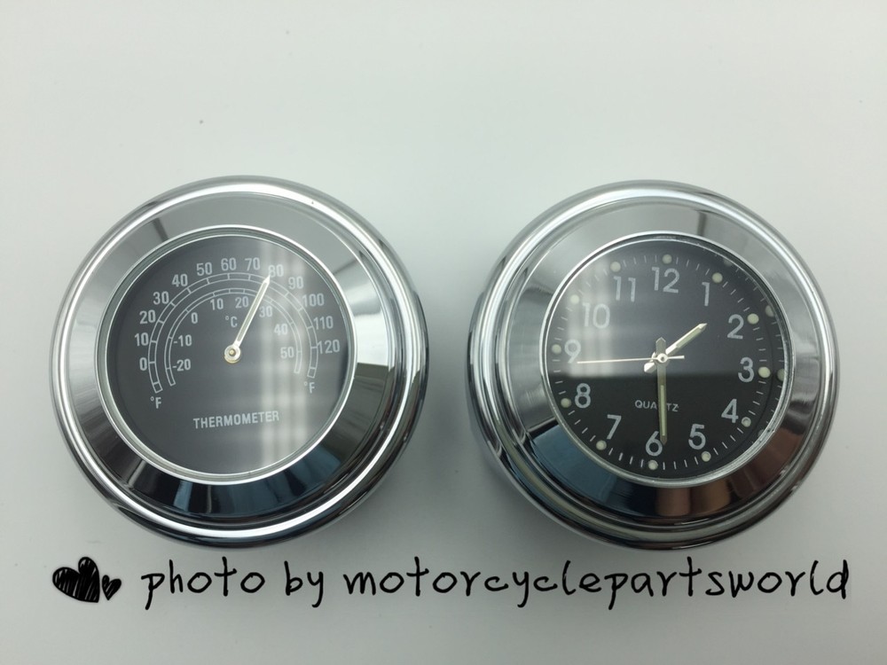 2pcs Universal 7/8"-1" Motorcycle Handlebar Mount Clock Dial Watch&Thermometer