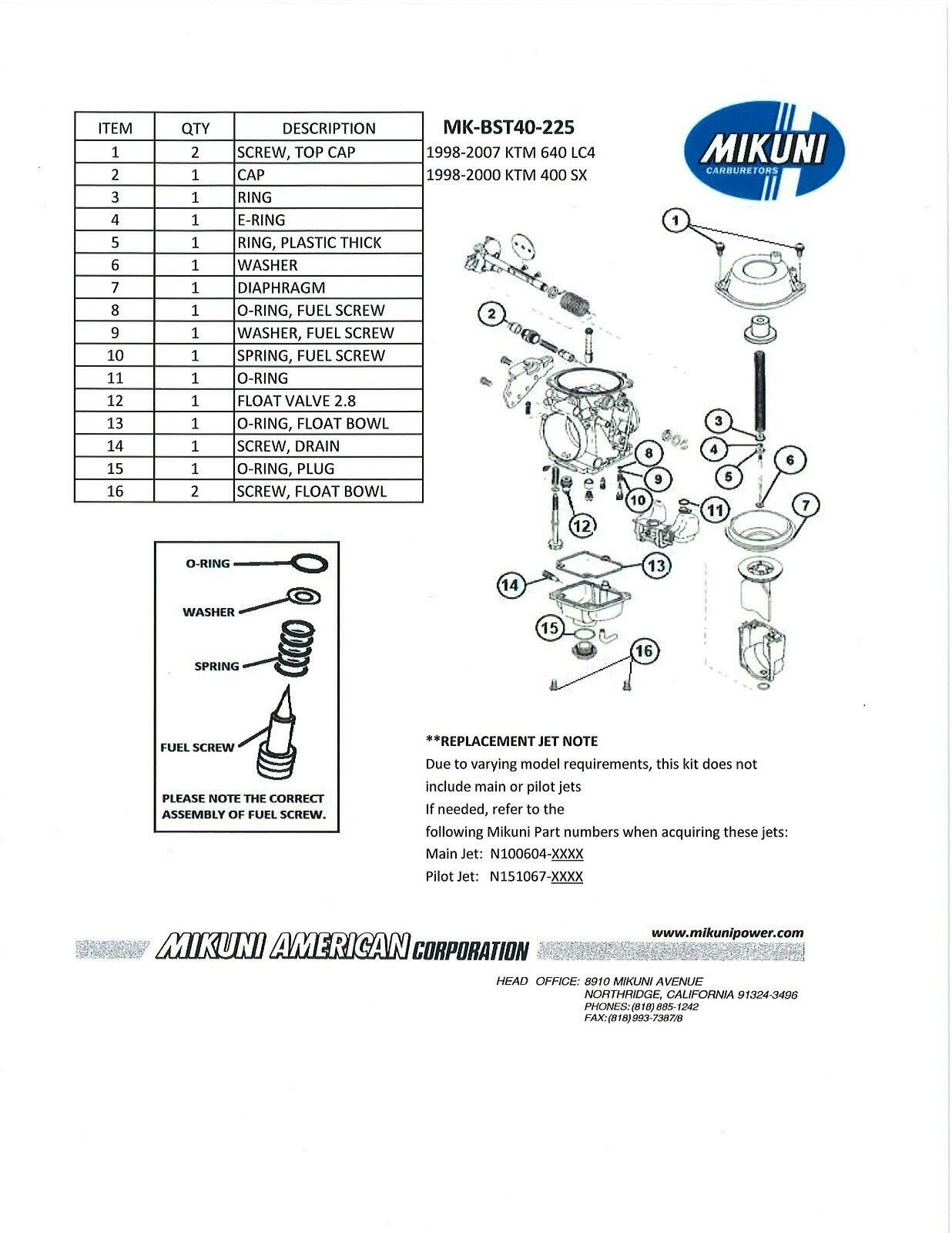 NEW Release! Genuine Mikuni Carb Rebuild kit '98-'07 KTM 640 LC4 MK-BST40-225