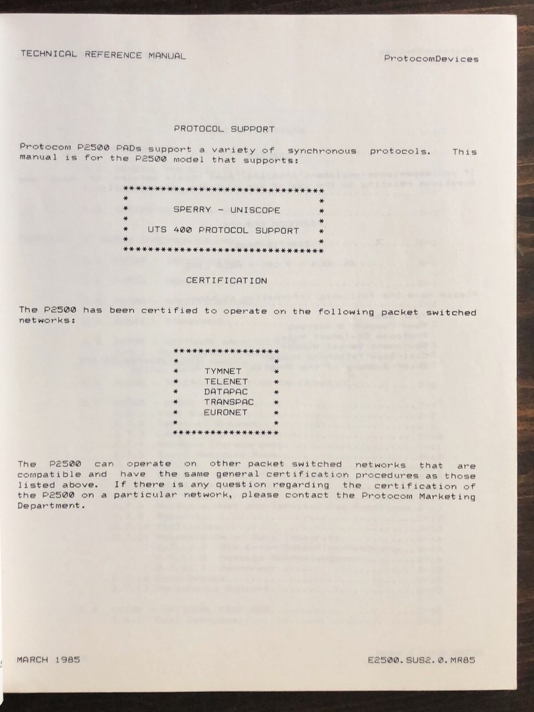 Protocom Devices P2500 Sperry Uniscope X.25 PAD Reference Manual (1985)