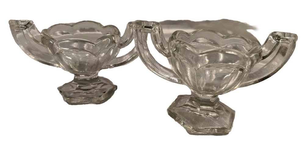 Pair 2 Central Glass Krystol Chippendale Footed Handled Open Salt Cellars EAPG
