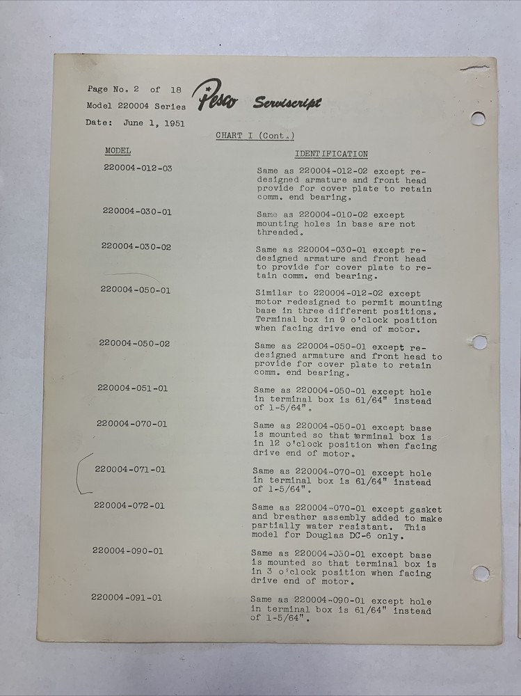 Pesco Servicescript Model 220004 Series Dated June 1, 1951 - Original