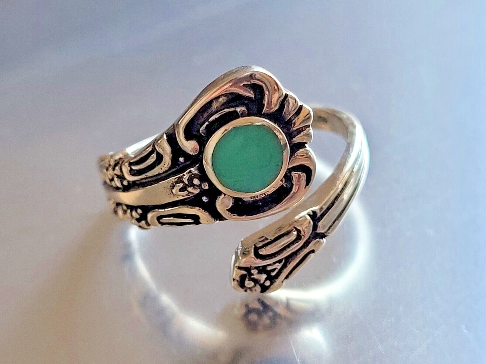 .925 Sterling Silver Victorian Turquoise Spoon Ring Adjustable Spoon Ring Band
