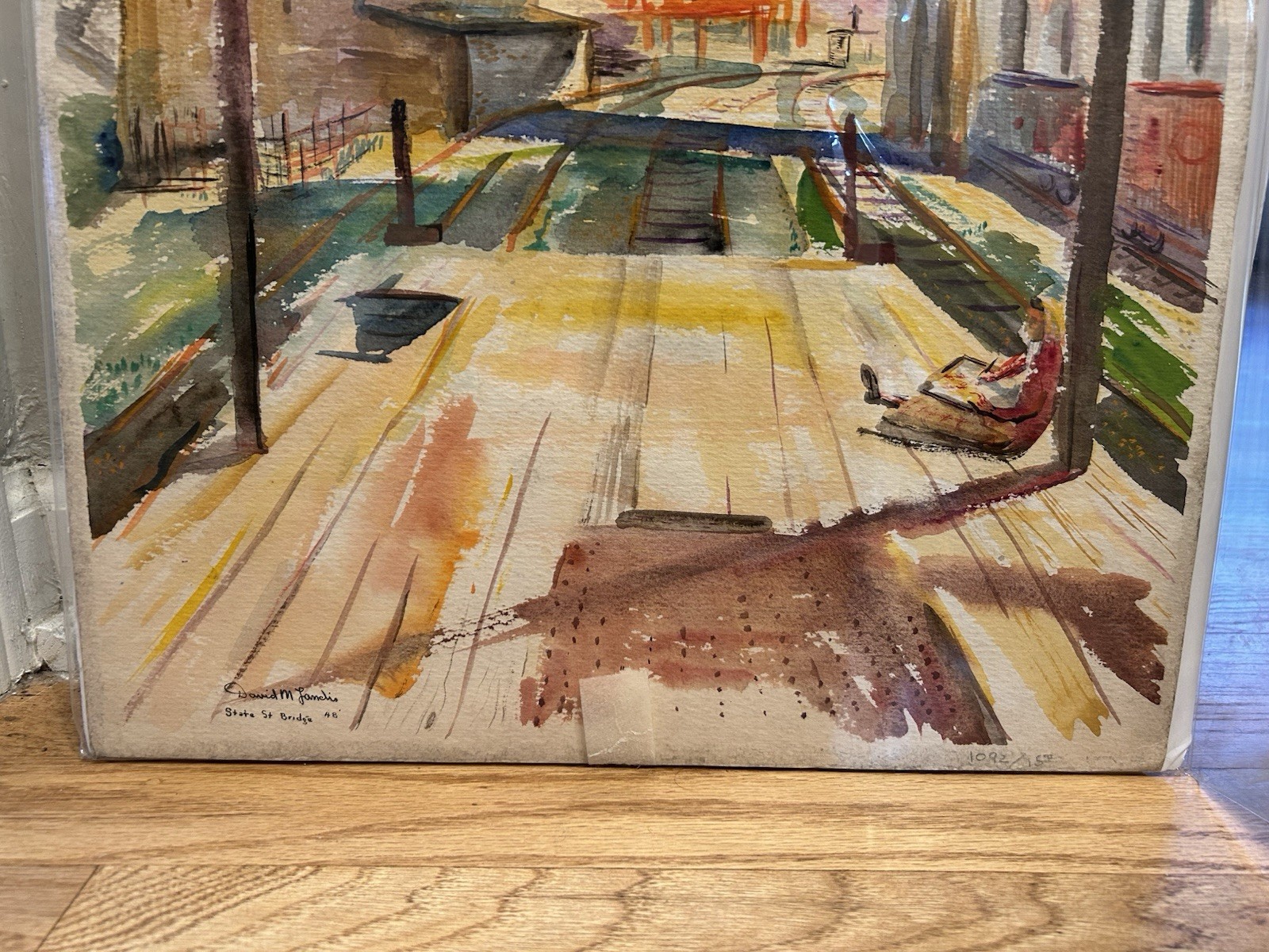 David Landis Chicago Modernist Artist Watercolor State Street Bridge 1948 Look!!