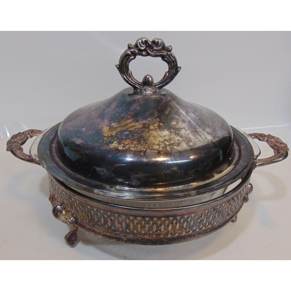 Casserole Dish Vintage Silver Plate Covered Footed 9" Glass Fancy Buffet Elegant