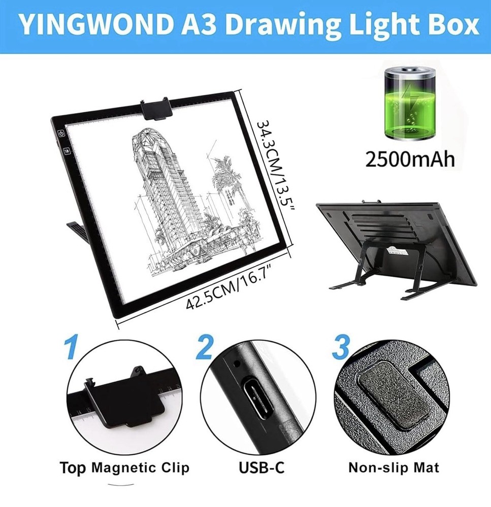 Wireless Rechargeable A3 Light Pad with Carry Case ,Diamond Art Light