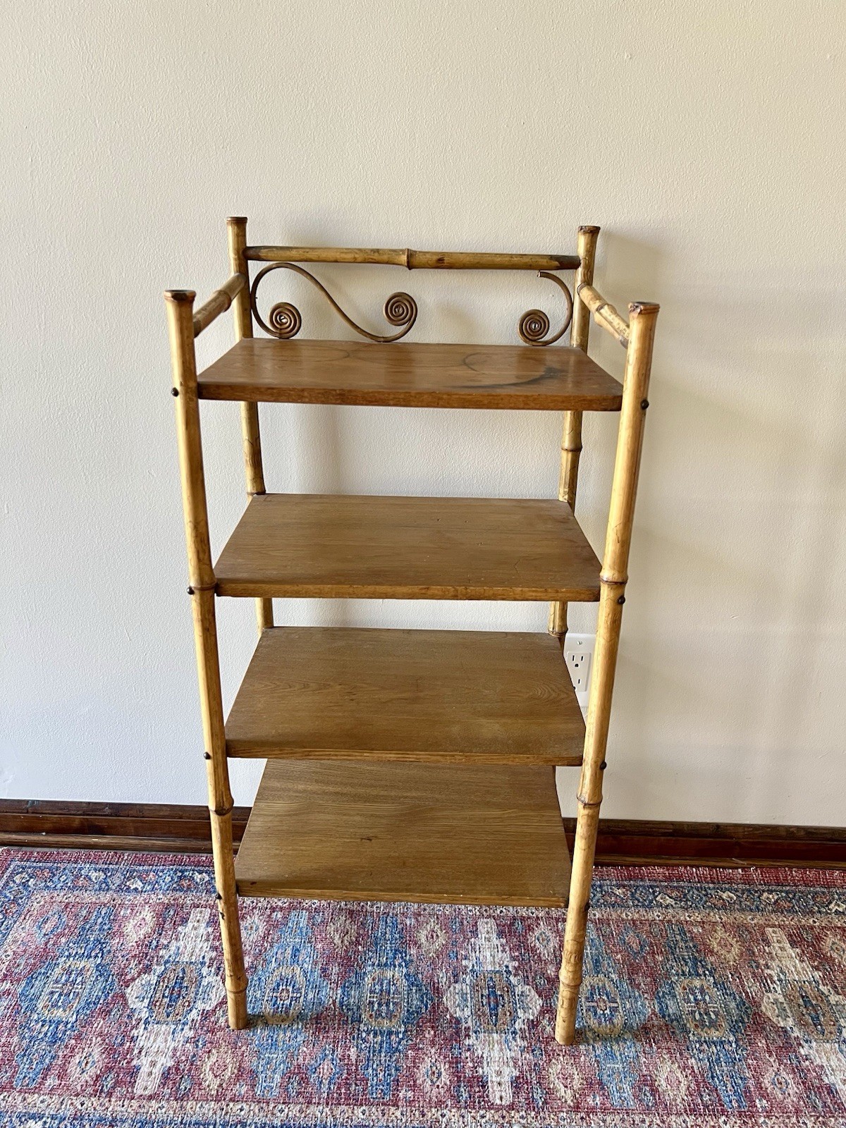Antique Bamboo & Oak Etagere Curio Plant Fern Stand Book Shelf