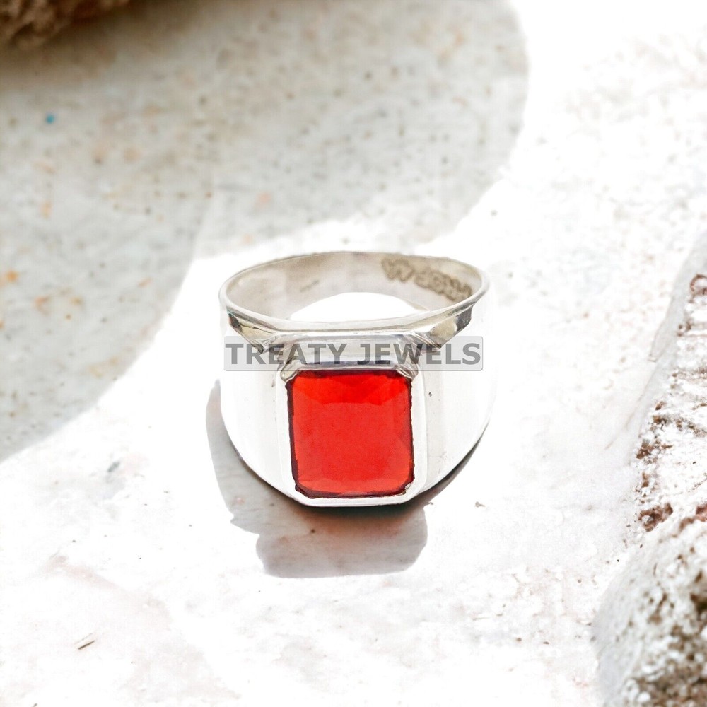 Ruby Emerald Cut Gemstone With 14K Solid White Gold Ring For Men's #989
