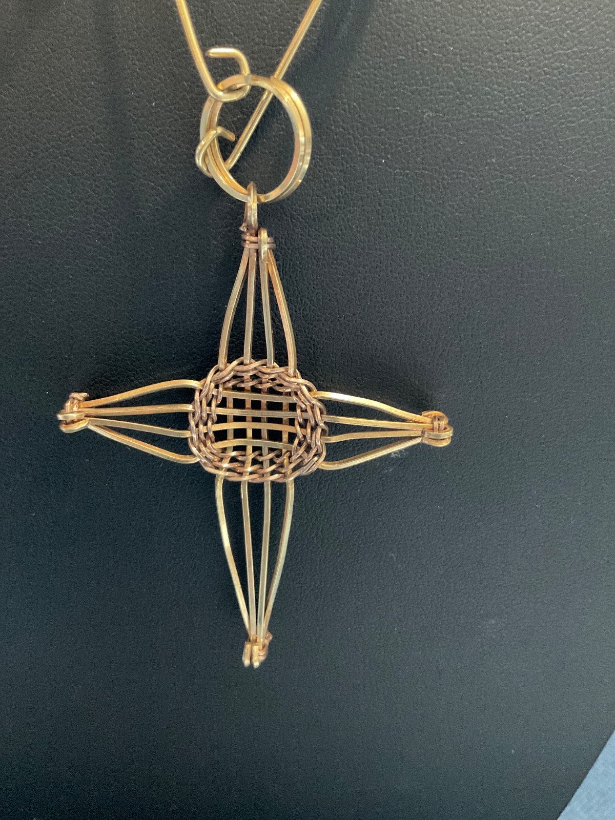 Handcrafted Gold Filled Wire Artisan Lg Cross & Unique Chain Mexico W/Paperwork