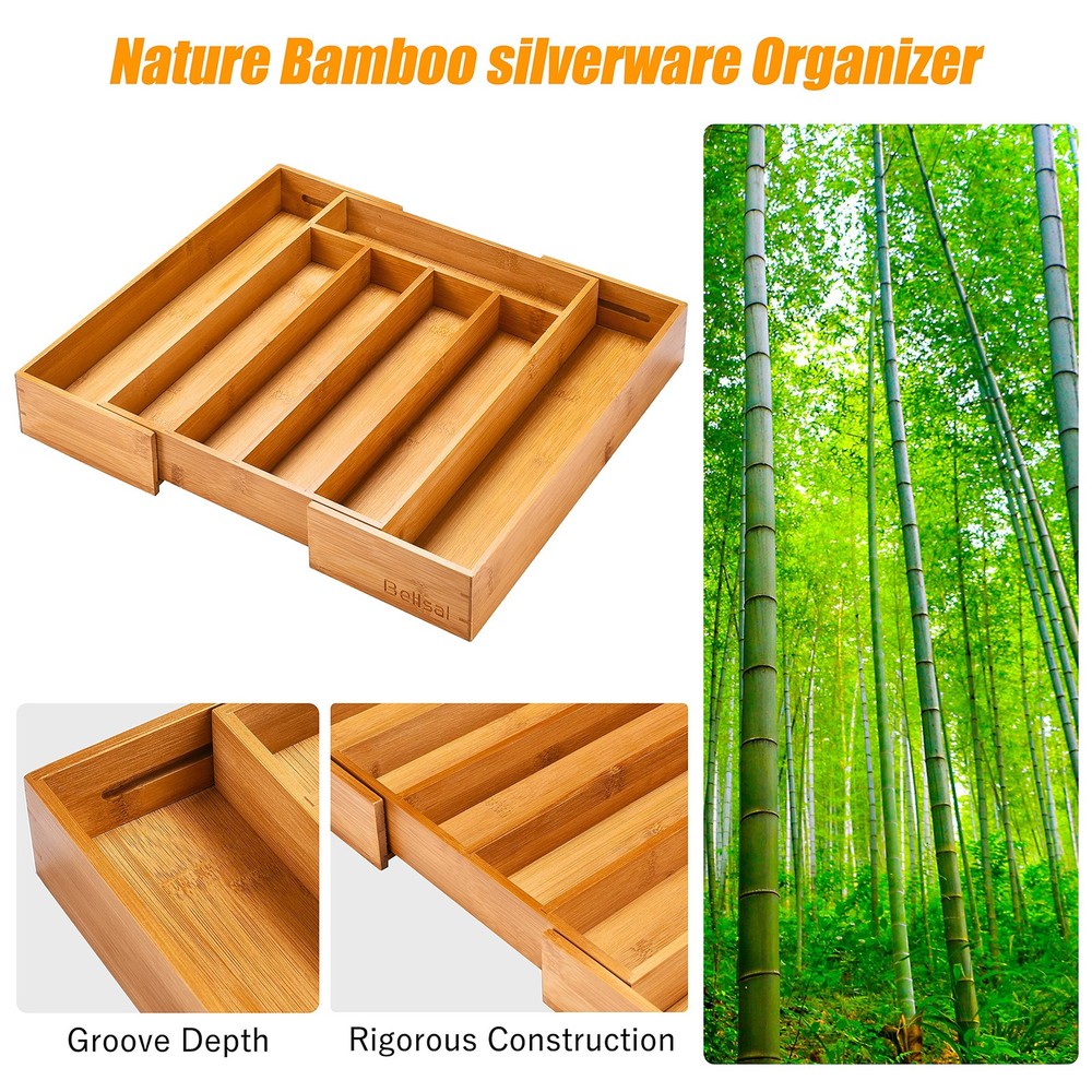 Bellsal Silverware Organizer Kitchen Drawer 7 Slots Expandable, Nature