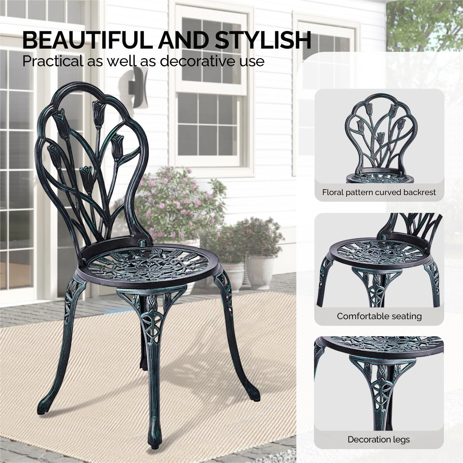 Patio Table and Chairs Set, Cast Aluminum Outdoor Cafe Table and Chairs Set of 3
