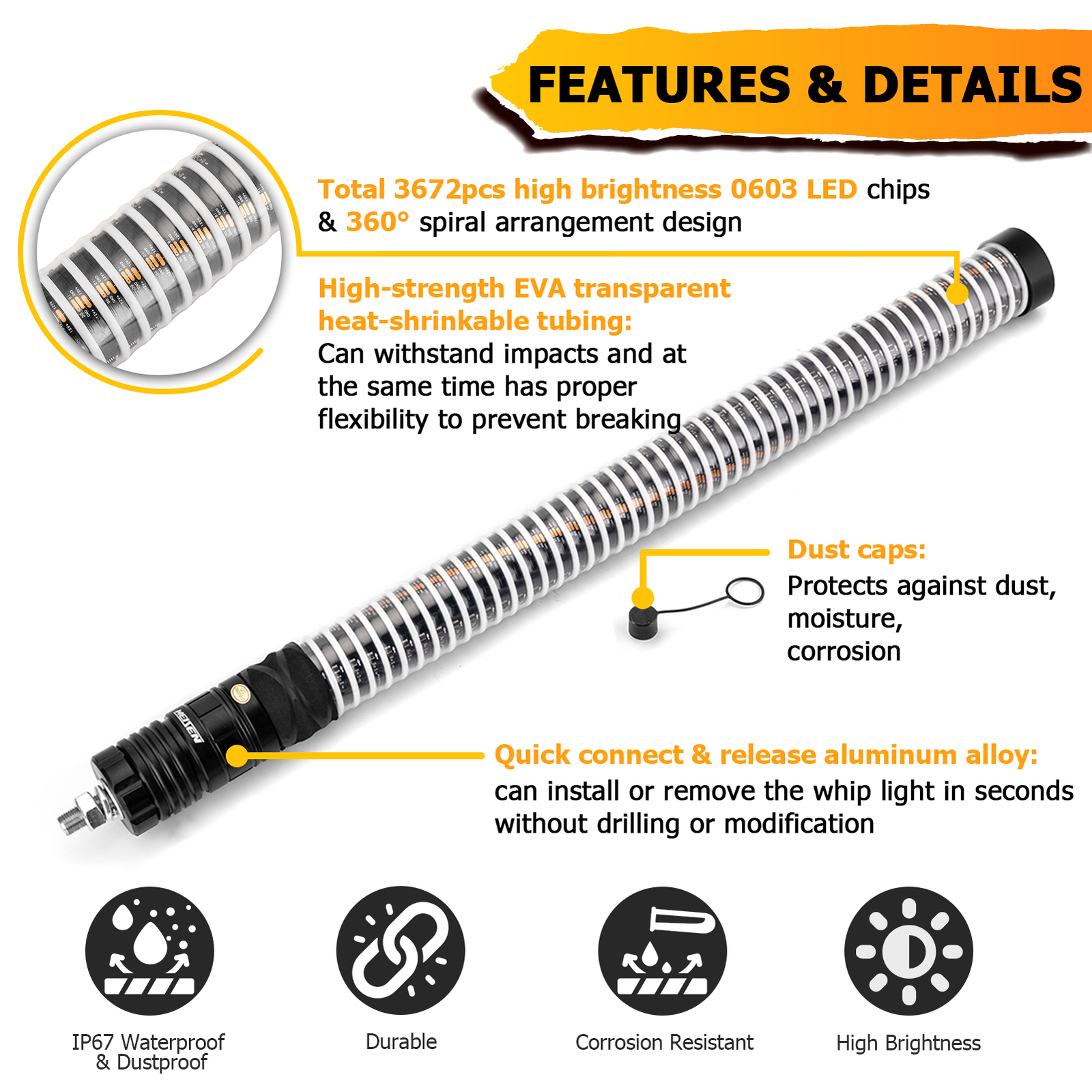 2x 2FT COB Thick LED Whip Spiral Chasing RGB Fat Whip Lights For Can Am Polaris