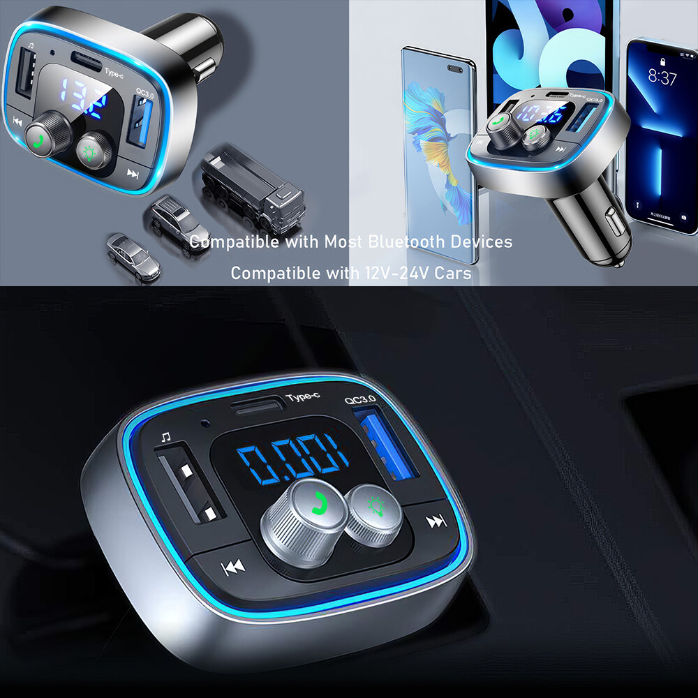 Bluetooth 5.1 FM Transmitter Car Kit Adapter MP3 Player Type c Dual USB Charger