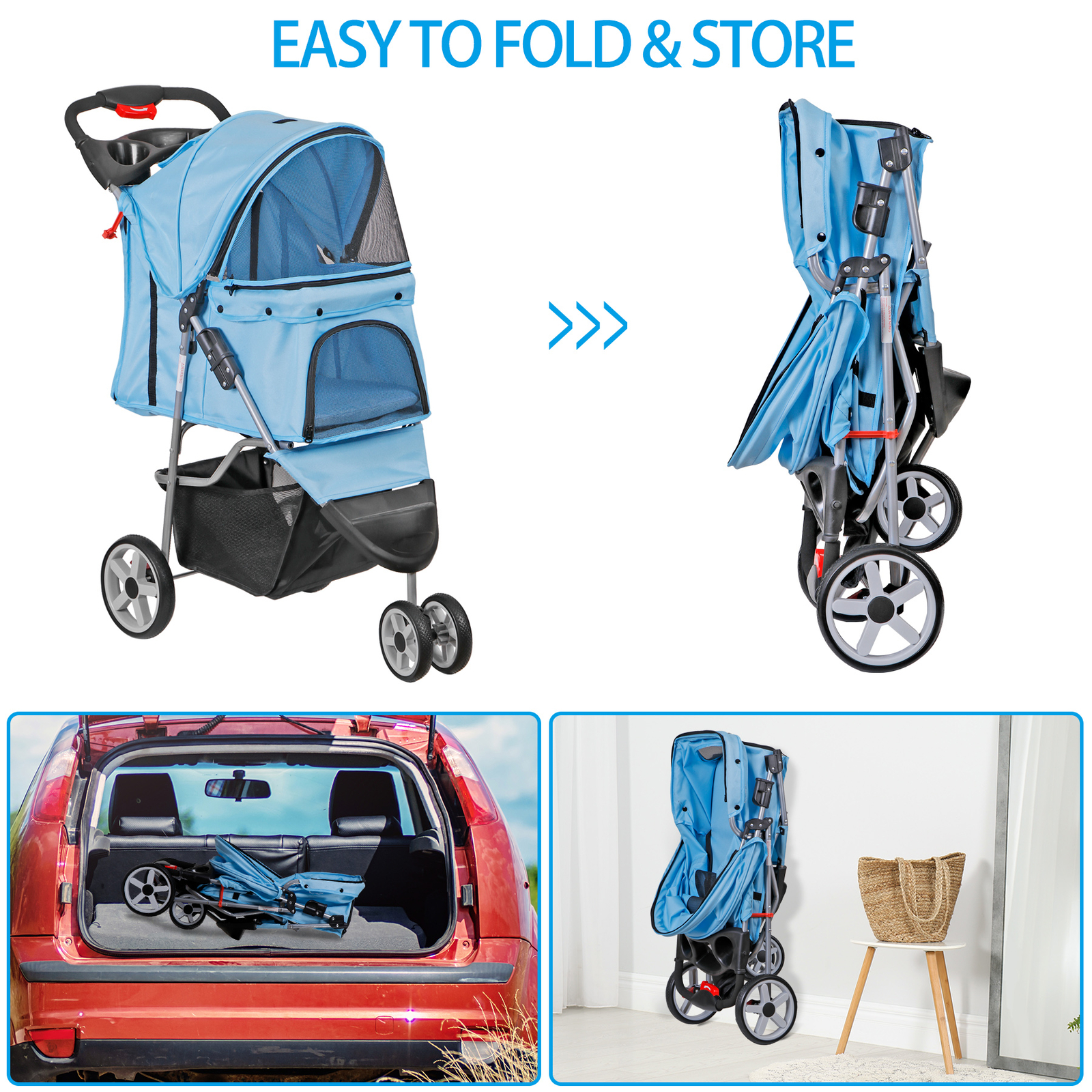3 Wheels Pet Dog Cat Stroller for Small Medium Dogs Cats with Cup Holder Blue