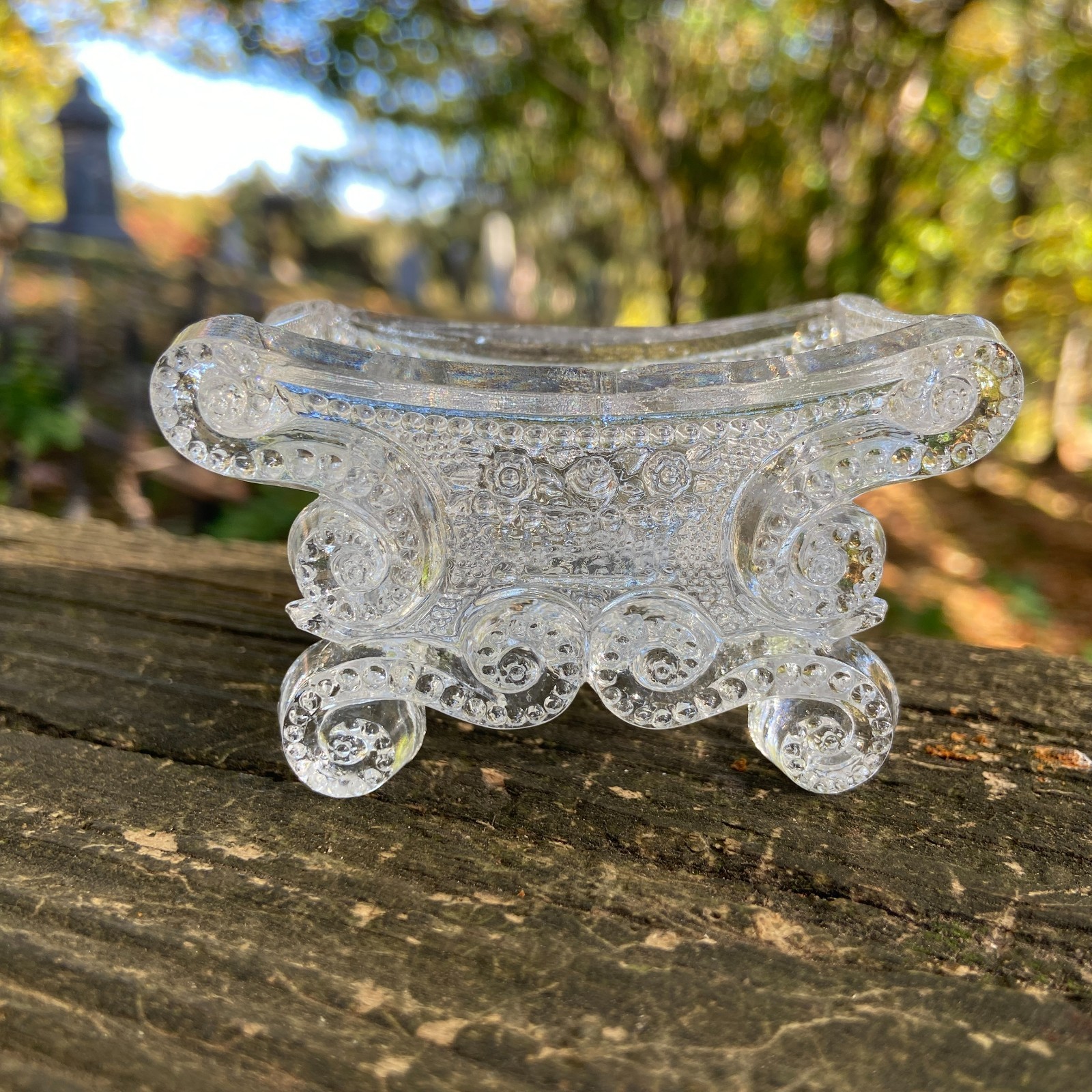 Antique 1830s Lacy Flint Glass Beaded Scroll + Basket of Flowers Open Salt BS-3A