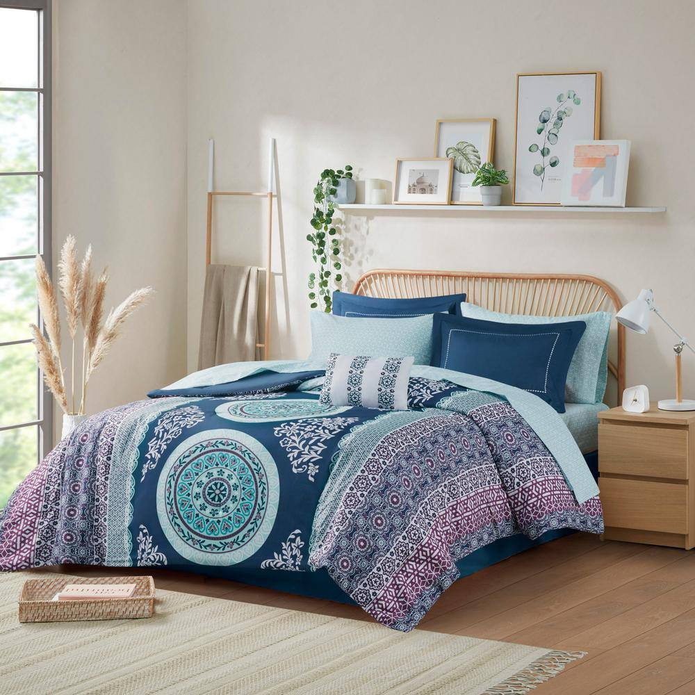 9 Piece Navy Soft Microfiber Queen Size Brush Printed Pattern Boho Comforter
