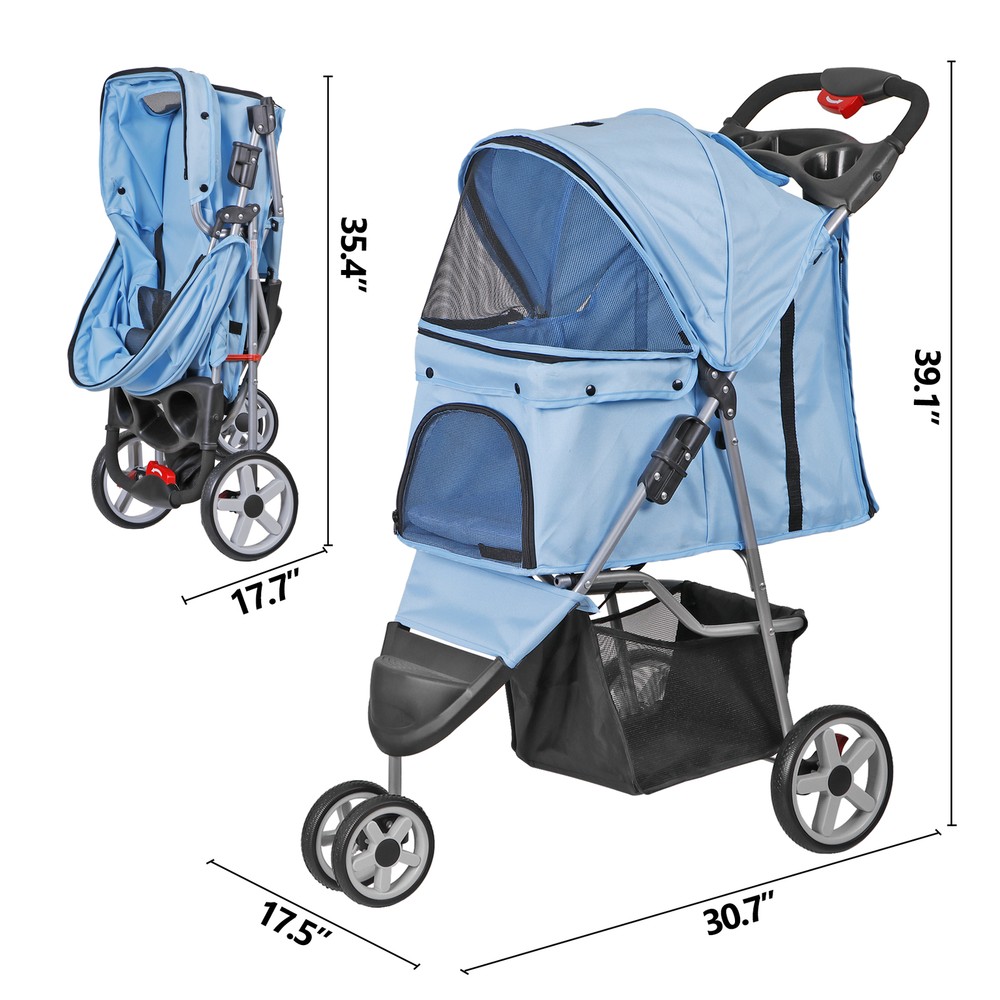 Dog Stroller 3 Wheels Pet Stroller Cat Jogger Stroller Lightweight Foldable Blue