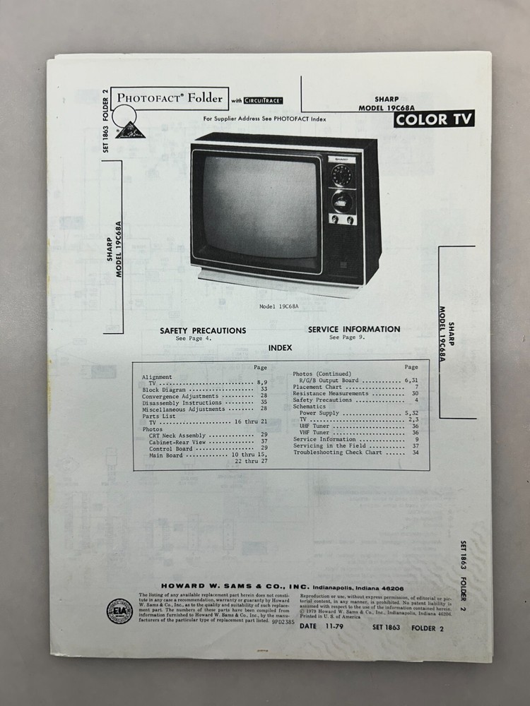 Sharp 19C68A Service Manual Sams Photofact Free Shipping
