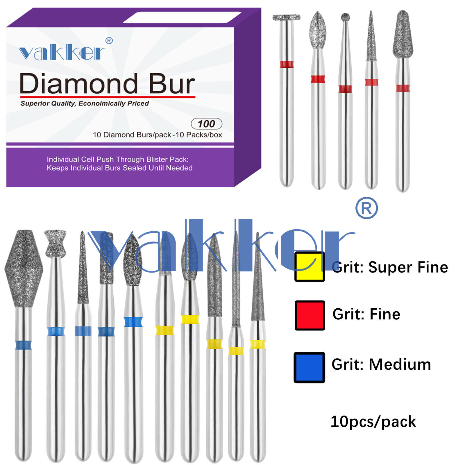 Vakker 10pc Dental Diamond Burs Medium Super Fine Friction Grip