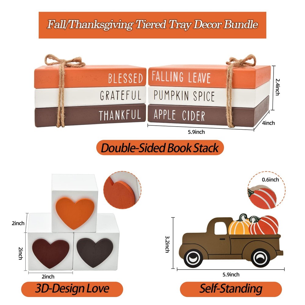 Fall Tiered Tray Decor - Thanksgiving Decorations for Home - 3 Double Sided F...