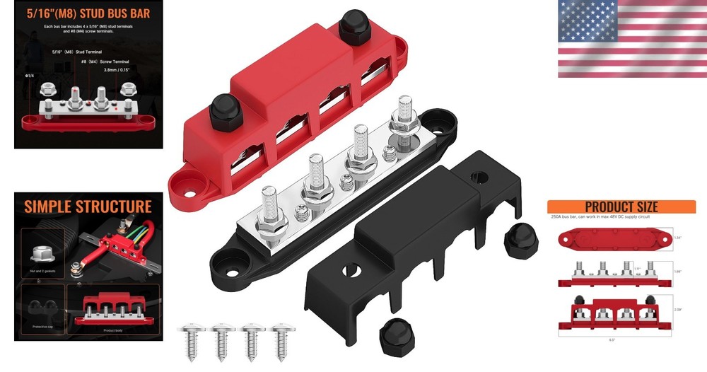 12V 250A Power Distribution Block Bus Bar with 4 Studs