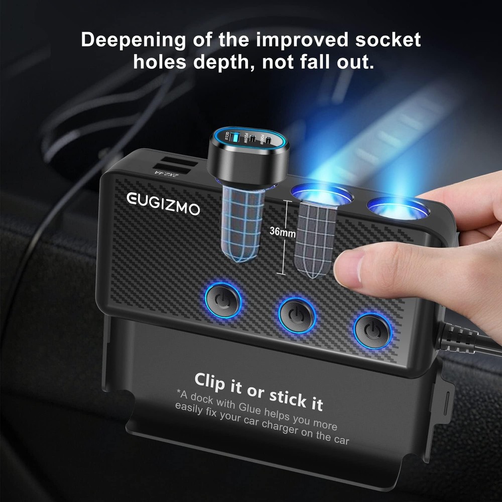 EUGIZMO Cigarette Lighter Adapter, 222W 3 Socket Car Black