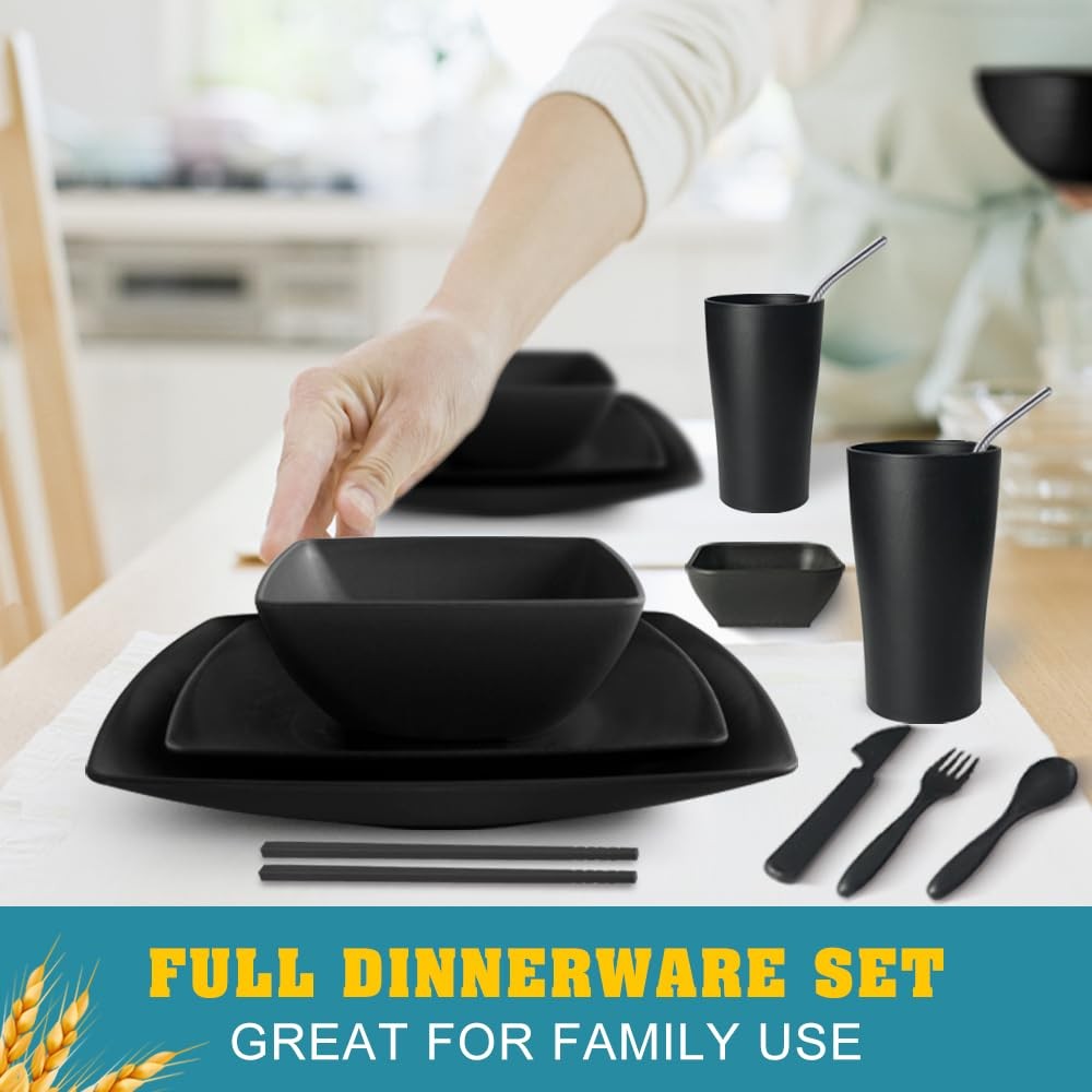 88-piece With Flatware Plastic Kitchen Wheat Straw Square Dinnerware Set for ...