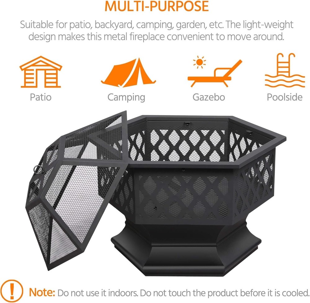 Fire Pit Fire Pits for outside 24In Hex Shaped Firepit Bowl with Spark Screen &