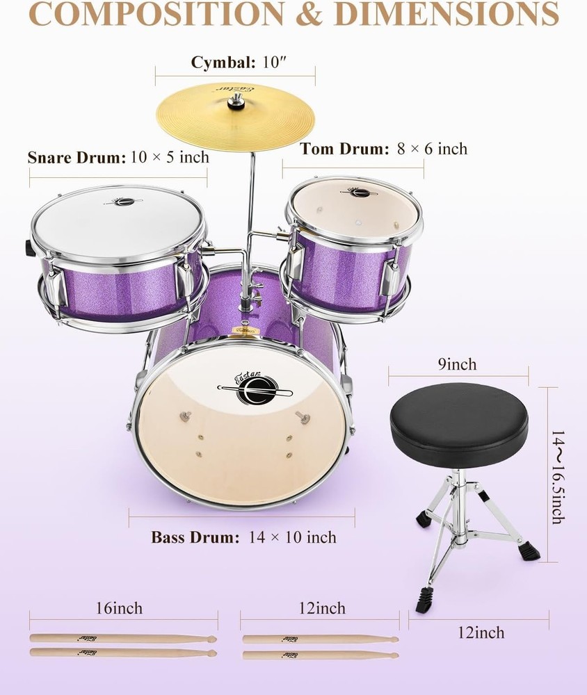 Junior Drum Set 14" Metallic Purple for Beginners