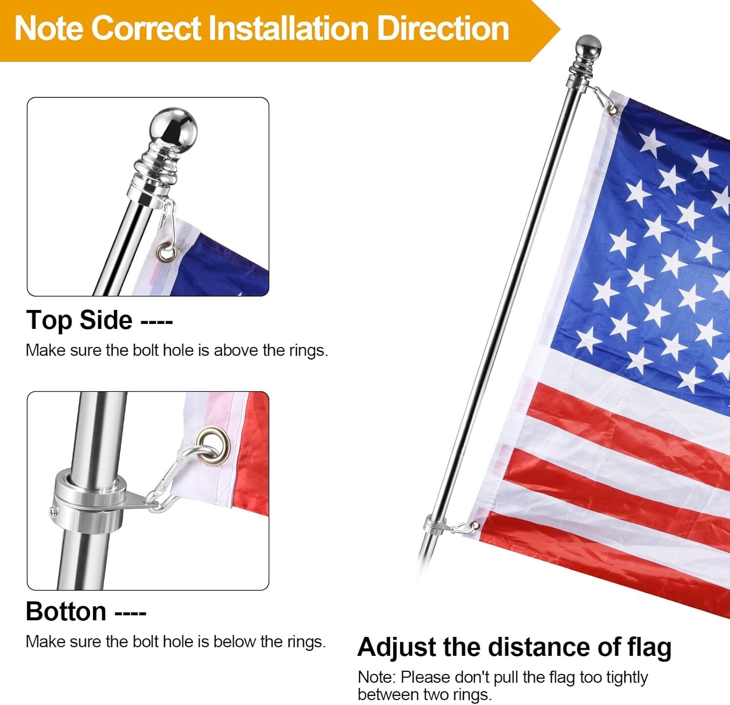 Pack of 2 Aluminum Alloy Flag Pole Rings 360 Degree Rotating Flag Mounting 1"