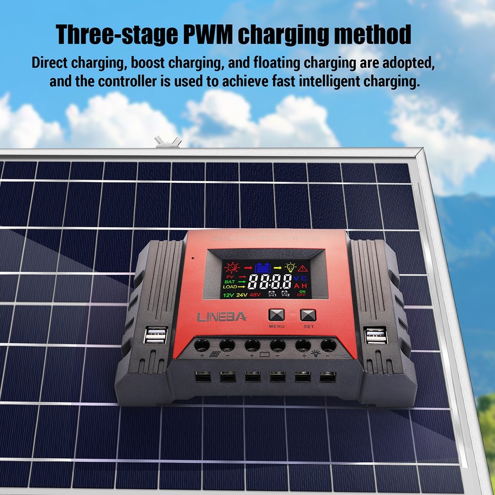 30-100A PWM Solar Panel Regulator Charge Controller 12V/24/48V Auto Focus 4 USB