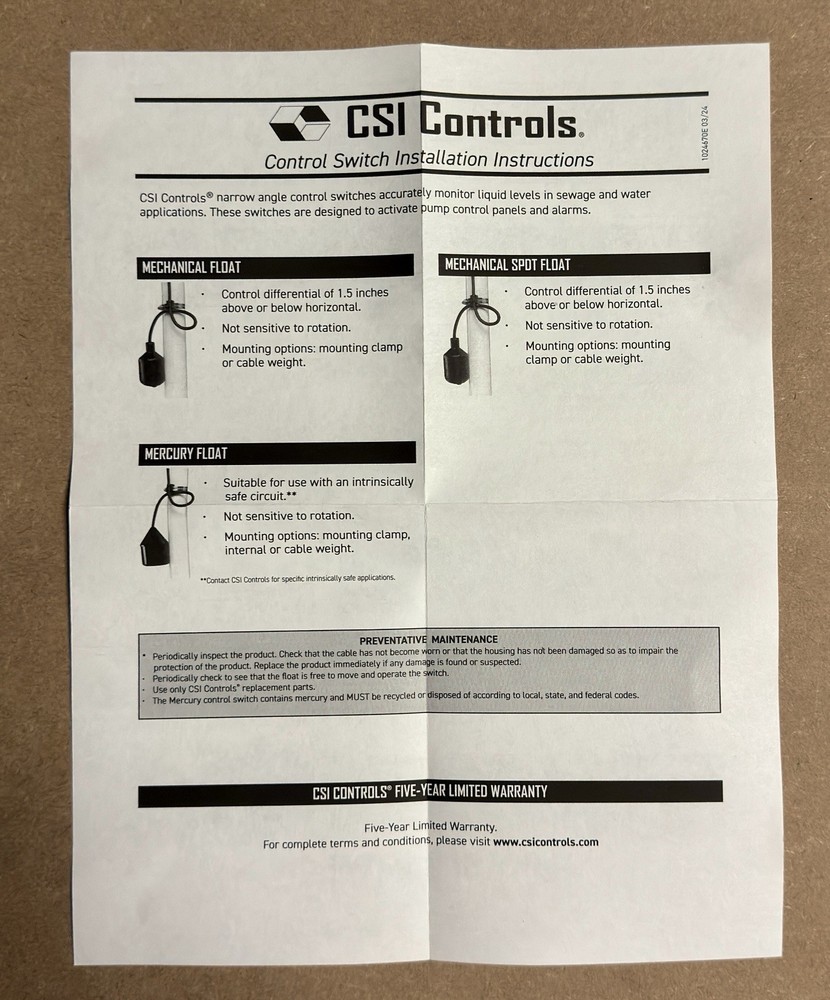 CSI Controls 1062519 Narrow Angle Float Switch 30ft Cable N.O. Sump Pump