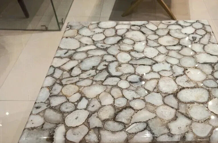 White Agate Coffee Table, Agate Geode Center Table, Natural Agate Handmade Decor