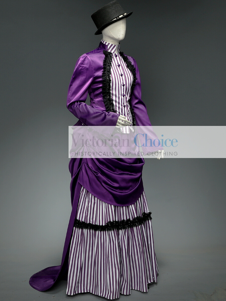 Victorian Edwardian Purple Striped Bustle Dress Riding Habit Downton Abbey 139
