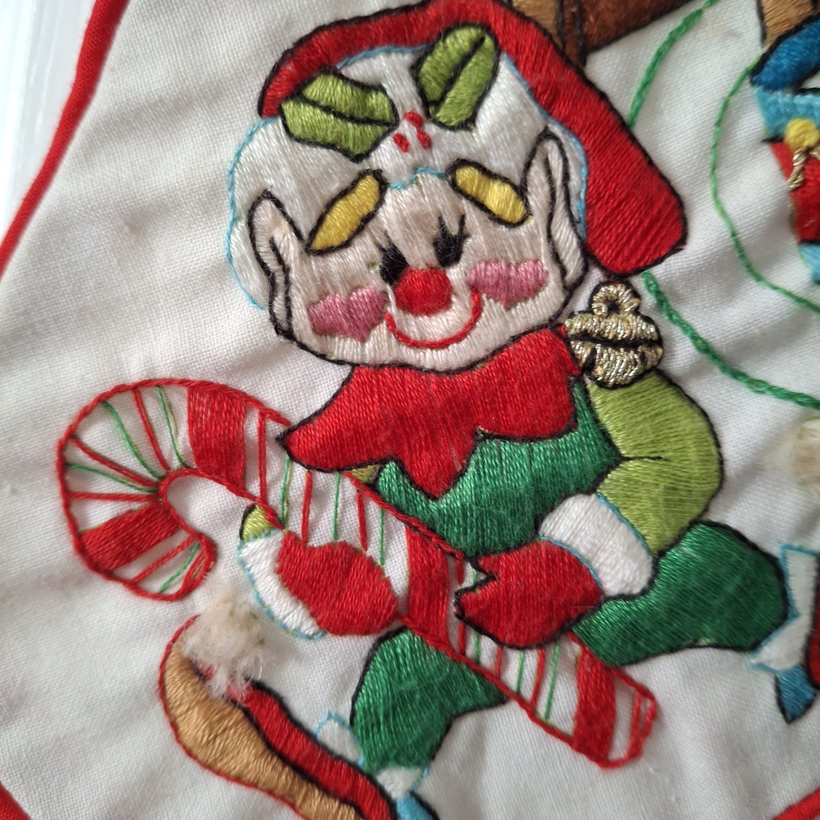 VTG 1980s Janlynn Steinmeyer Hand Embroidered Crewel Christmas Stocking Santa