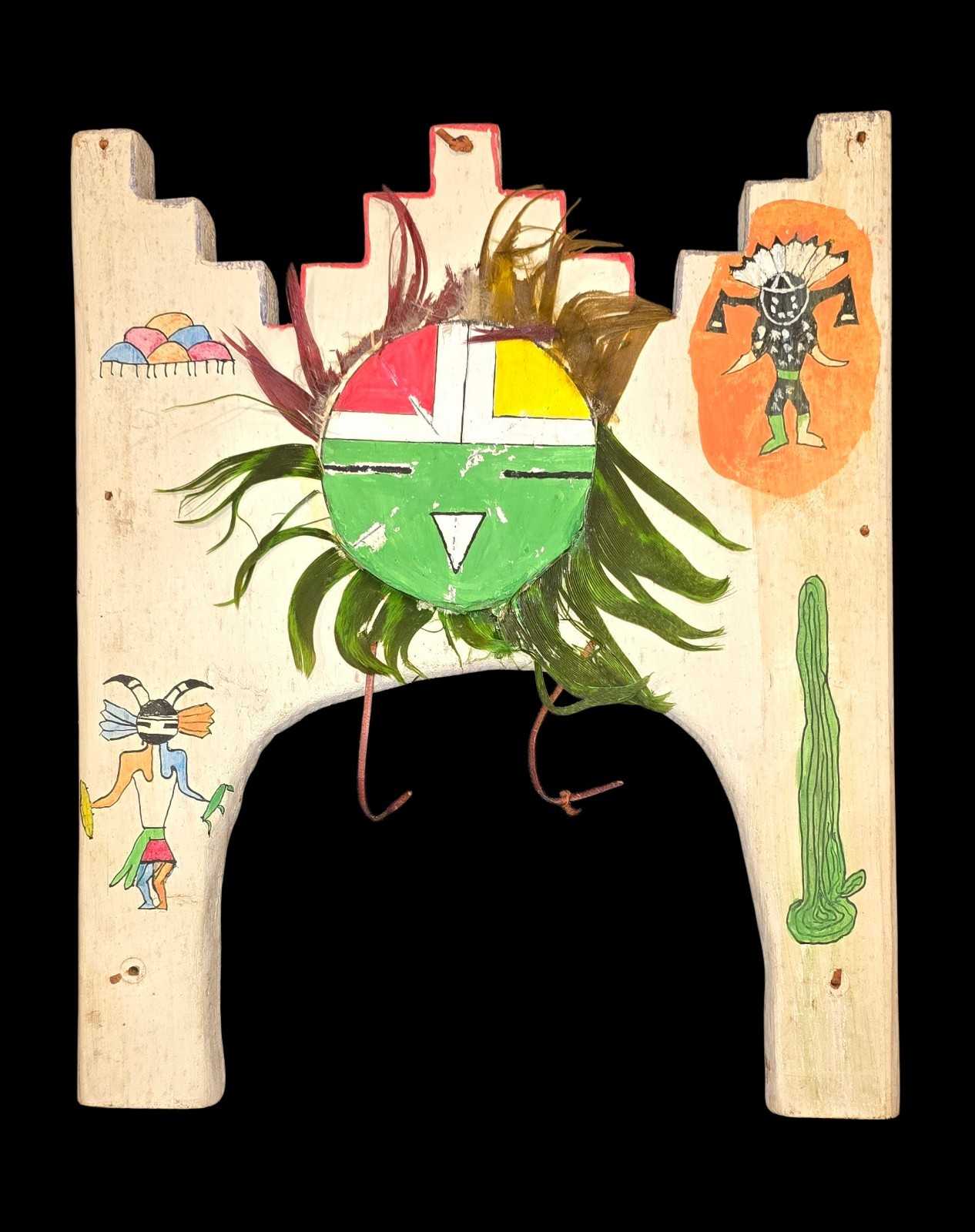 HOPI HEADDRESS TABLITA ORIGINAL PAINT WOOD LEATHER FEATHER SW ART EARLY CARVING