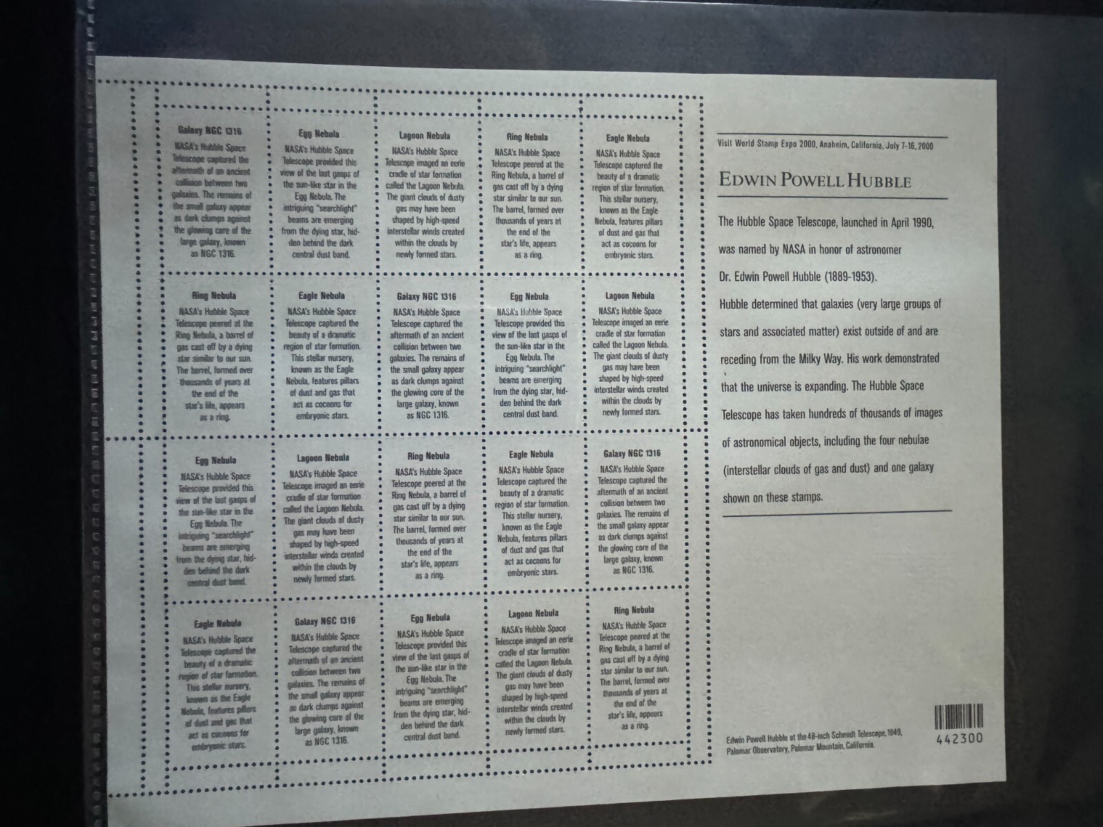 Scott #3384-3388 Hubble Space Telescope Pane of 20 33¢ Stamps (2000)