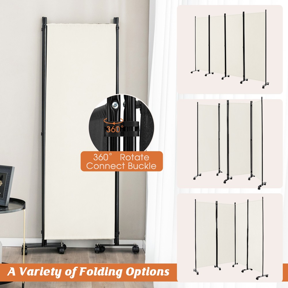 4-Panel Folding Room Divider 6FT Rolling Privacy Screen w/ Lockable Wheels White