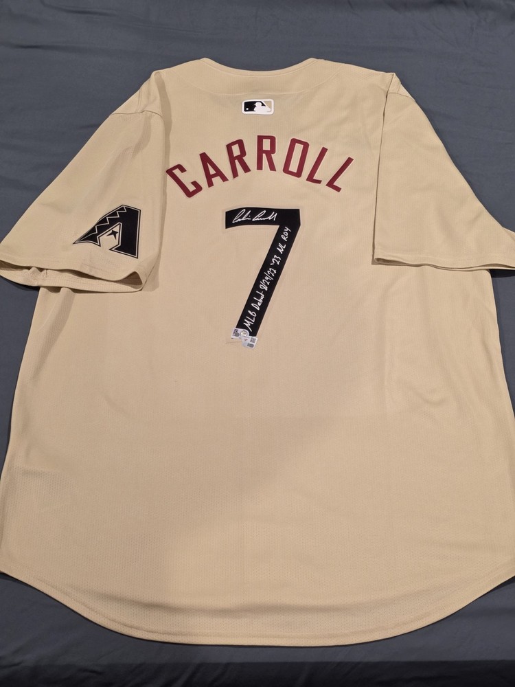 CORBIN CARROLL Under Wraps Signed Jersey Inscribed "MLB DEBUT" "NL ROY"