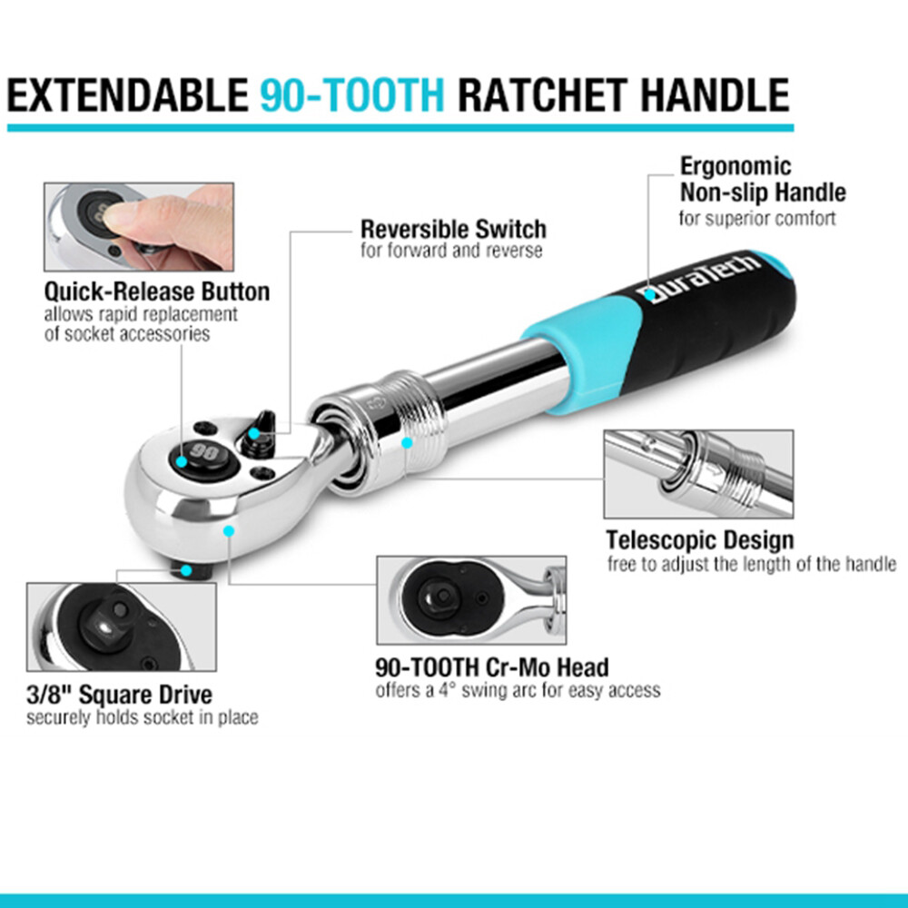 DURATECH 3/8" Drive Ratchet 90-Tooth Quick-release Extendable Ratchet 4 Sections