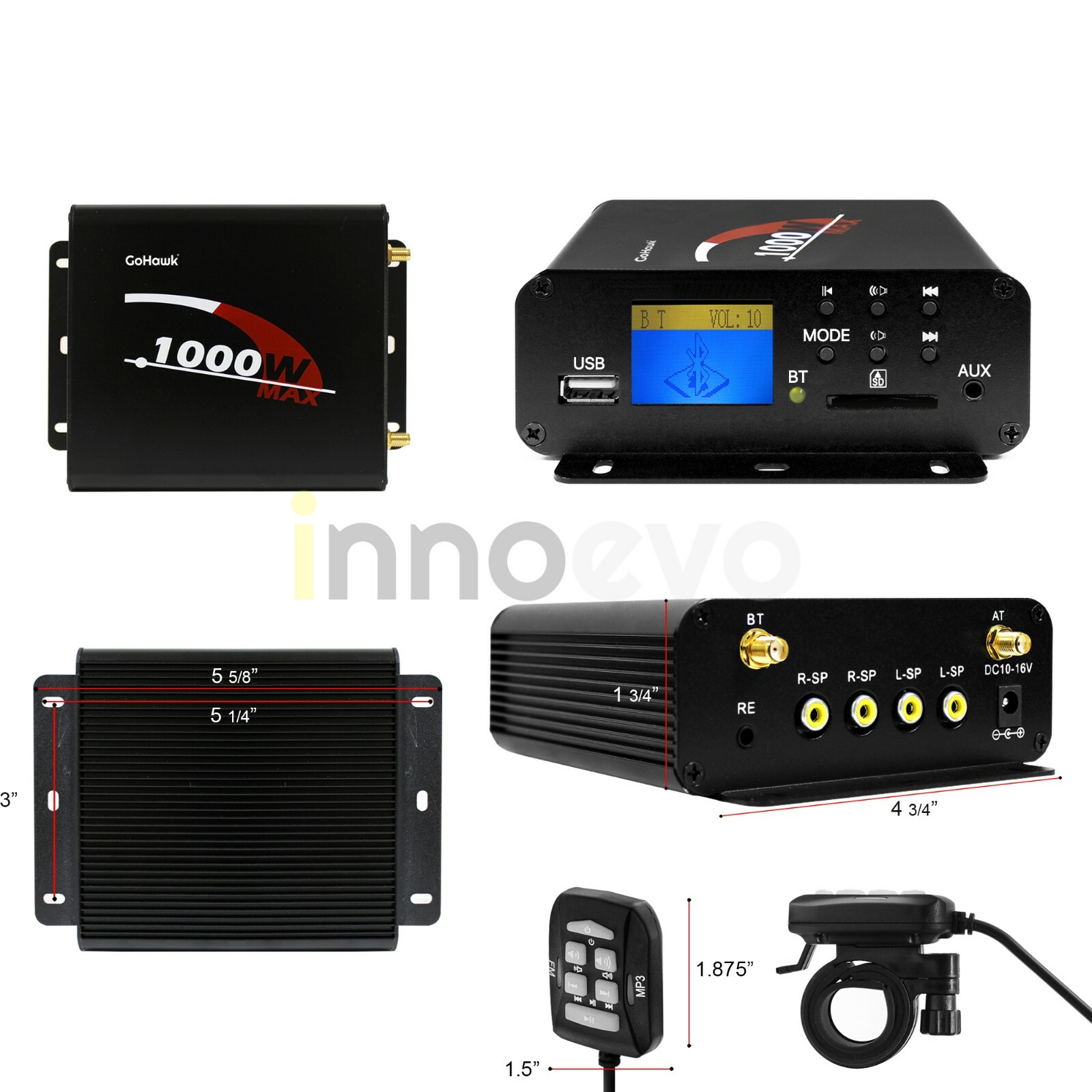 1000W Amp Motorcycle ATV UTV RZR Bluetooth Audio Stereo Radio System Amplifier