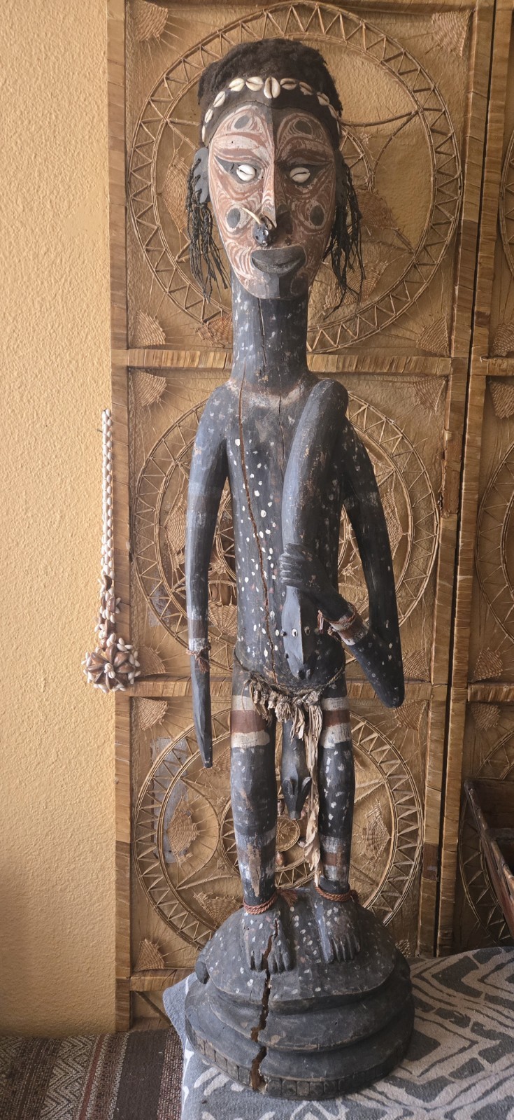 XL Papua New Guinea Ancestor Figure 46" Wood, Shell, Hair, Fiber, Animal Motifs