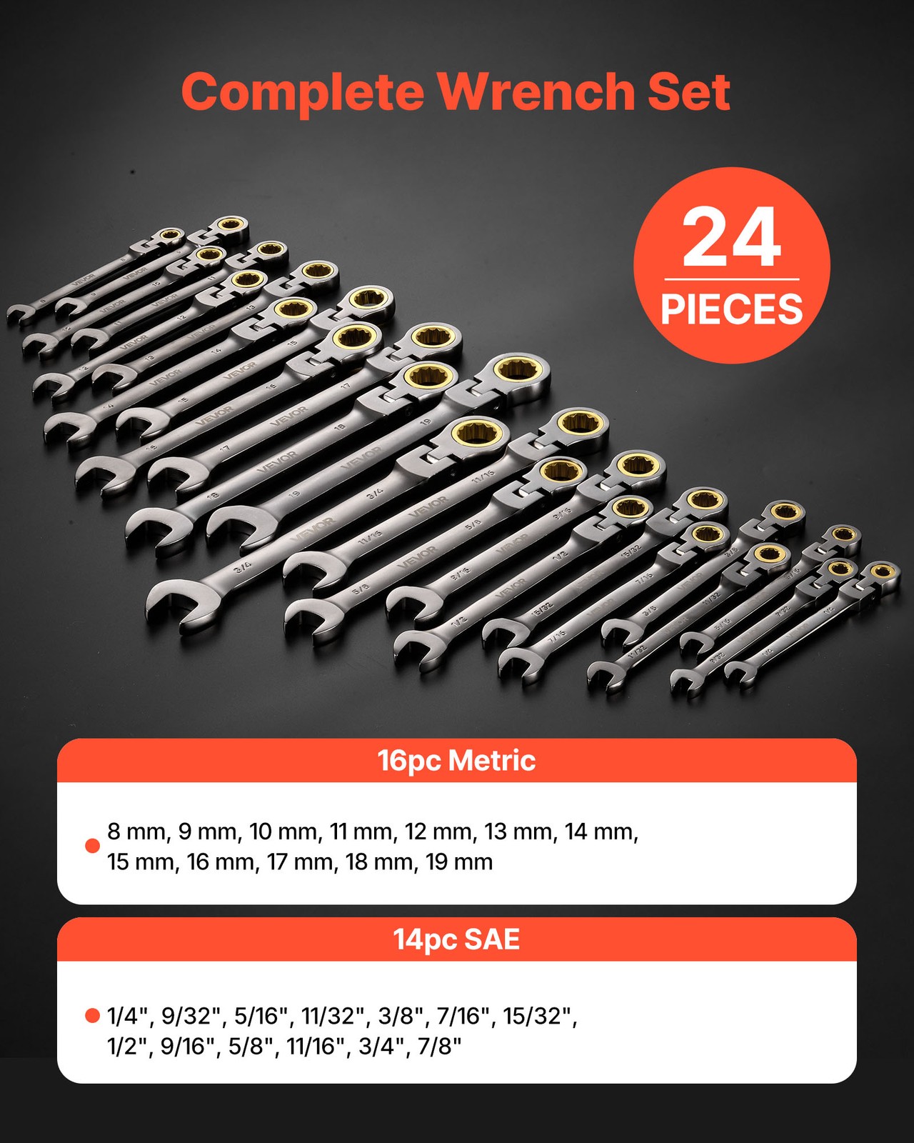 VEVOR Flex-Head Ratcheting Wrench Set Combination Wrench Set 24-Piece 72 Teeth