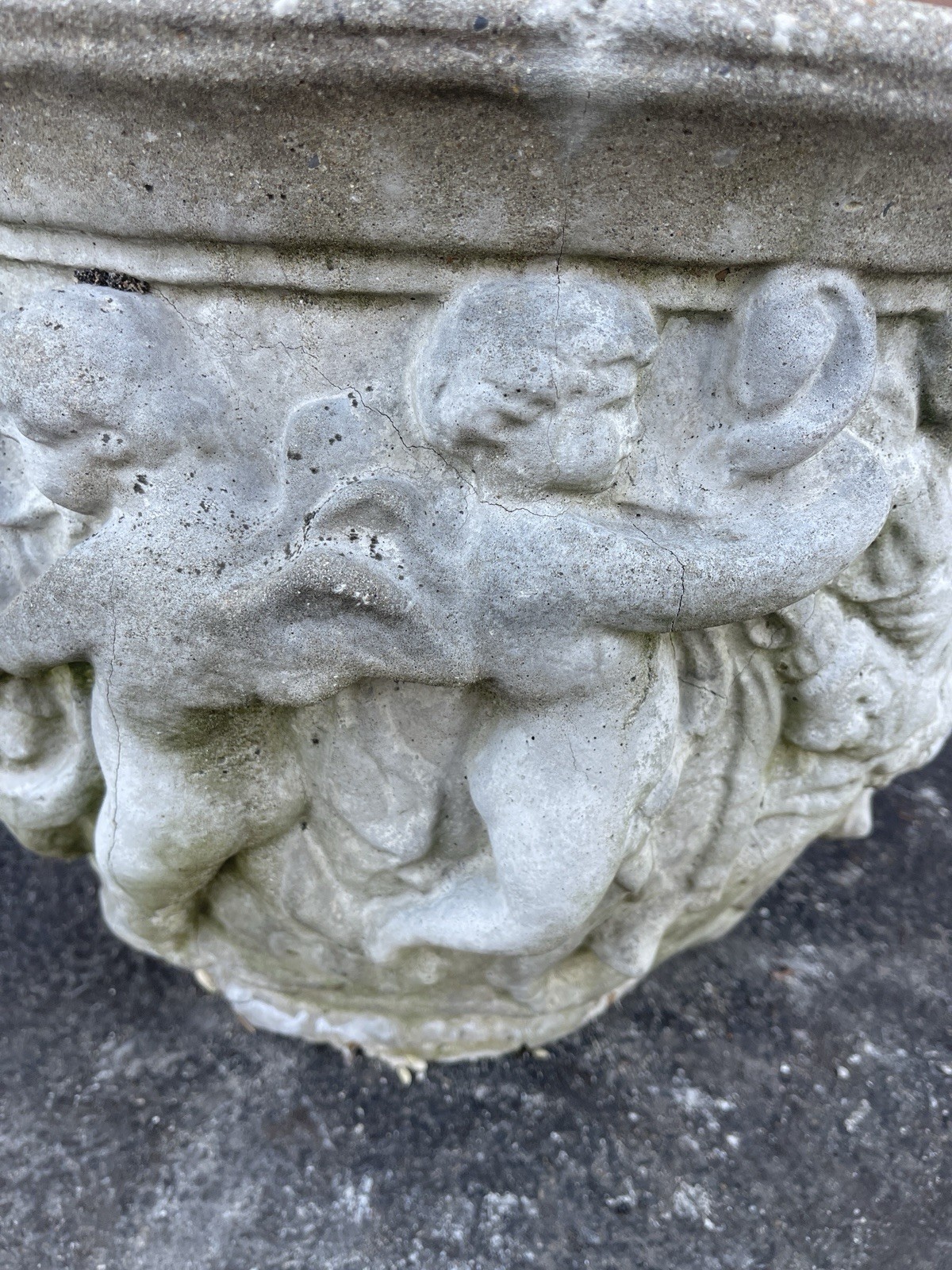 Antique Weathered Concrete Garden Urn Planter 18” Round 14” Tall Patina Cherub