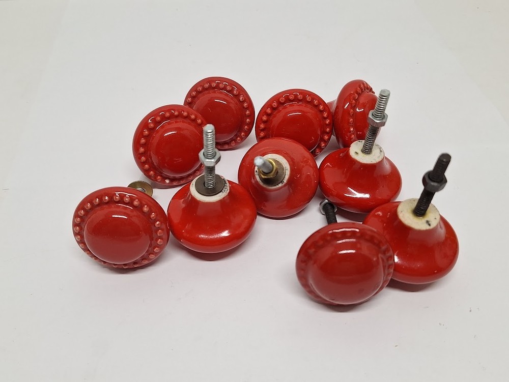 Round Red Ceramic Cabinet Knobs Lot Of 10 Drawer Pulls