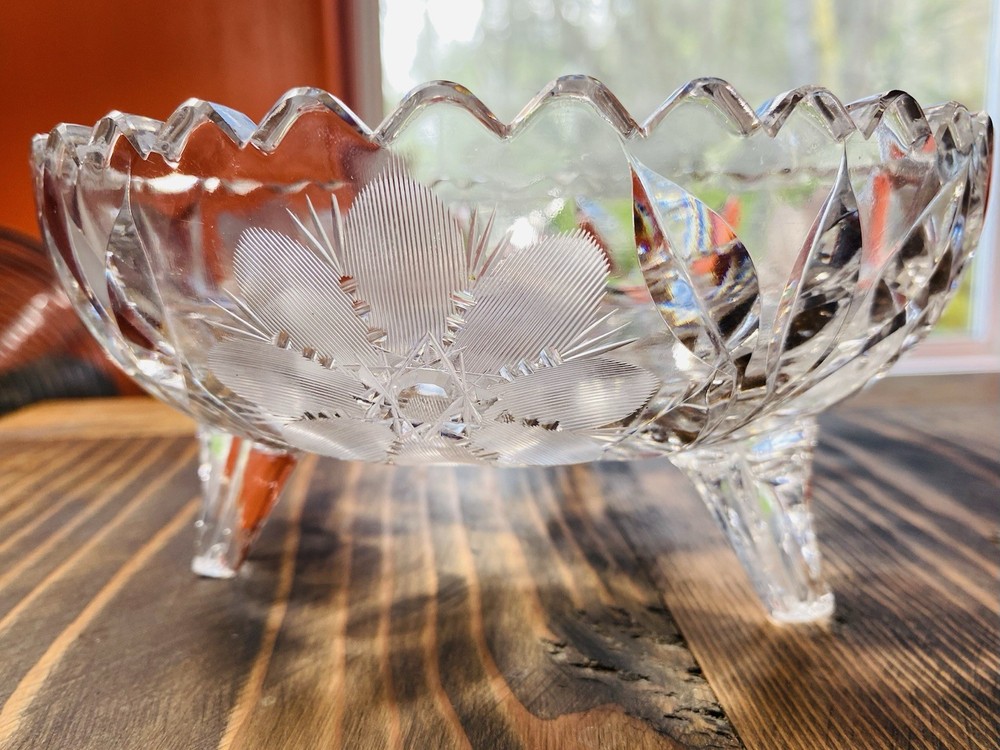 Cut Crystal 3-Footed Candy Bowl with Wheel-Cut Floral Pattern