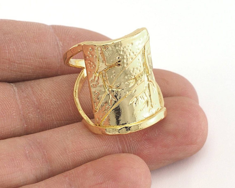 Tree Patterned Adjustable Ring Shiny Gold Plated Brass (19mm 9US size)  2586