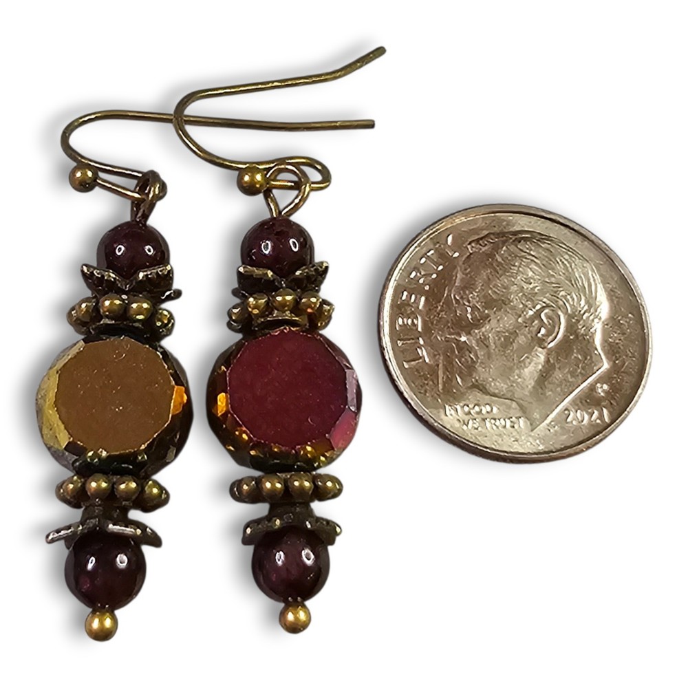 Garnet & Crystal Earrings Antique Bronze Dangle Drop Hook Handmade