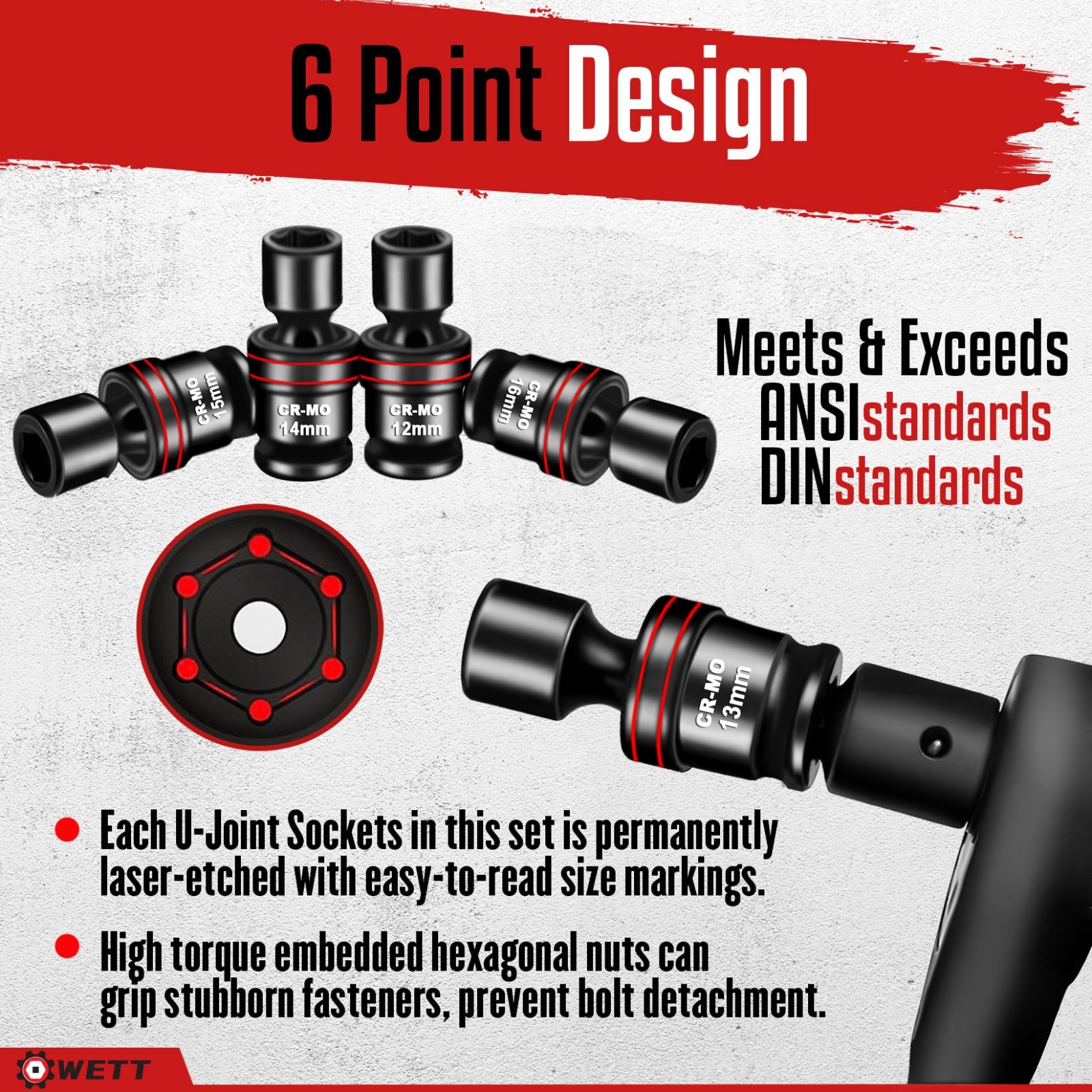 18-Piece 1/2" Drive Shallow Impact Universal Joint Metric Swivel Socket Set