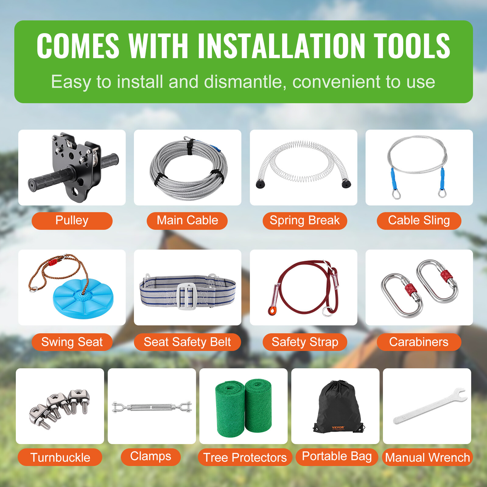 VEVOR 100 ft Zip Line Kit for Kids Adult Trolley Slackers Zipline Up to 500 lb